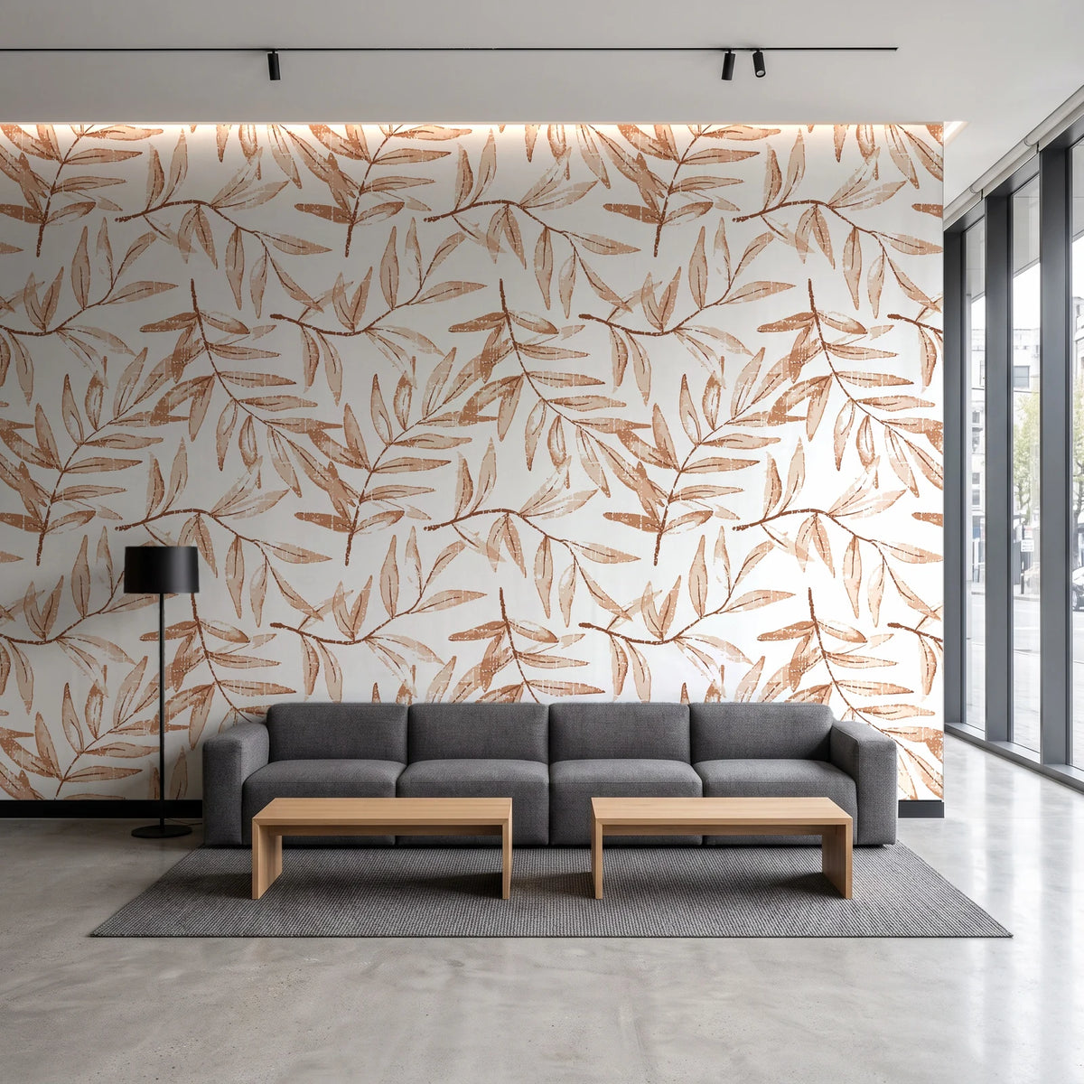 Pale Foliage Terracotta willow leaf wallpaper in a contemporary commercial office lobby