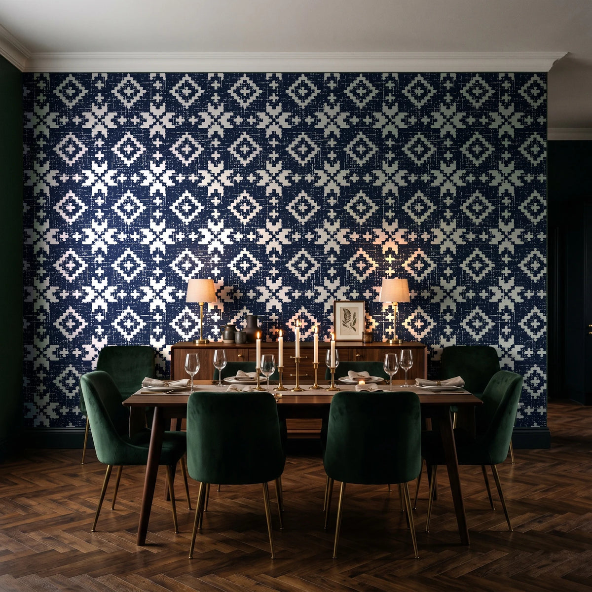 Pale Kilim Midnight kilim wallpaper in a dark moody dining room with a candlelit table