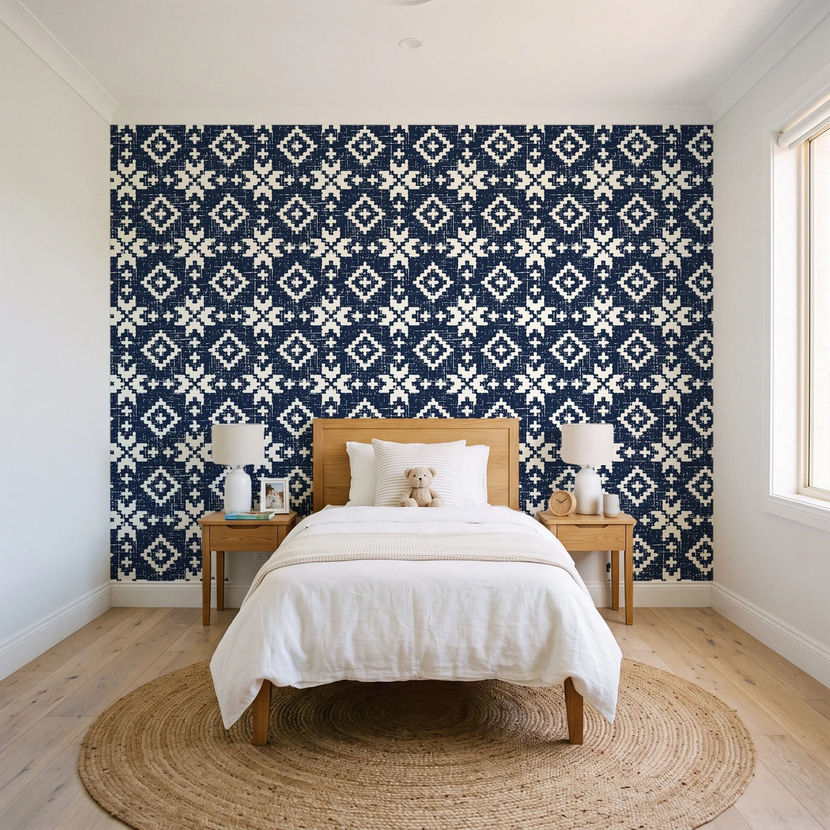 Pale Kilim Midnight kilim wallpaper in a bright, cheerful child's bedroom