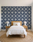 Pale Kilim Midnight kilim wallpaper in a bright, cheerful child's bedroom