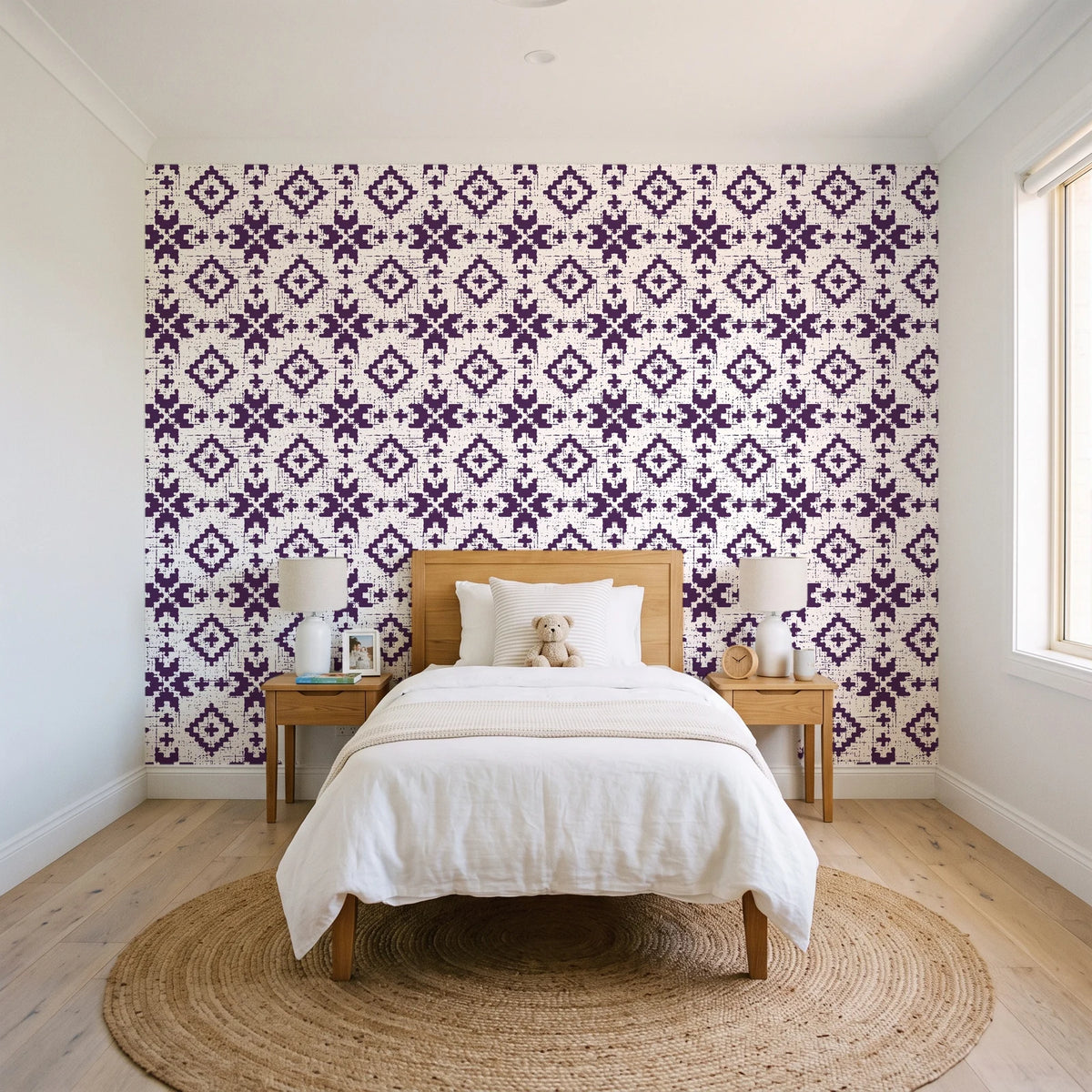Pale Kilim Plum kilim wallpaper in a bright, cheerful child's bedroom