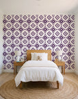Pale Kilim Plum kilim wallpaper in a bright, cheerful child's bedroom