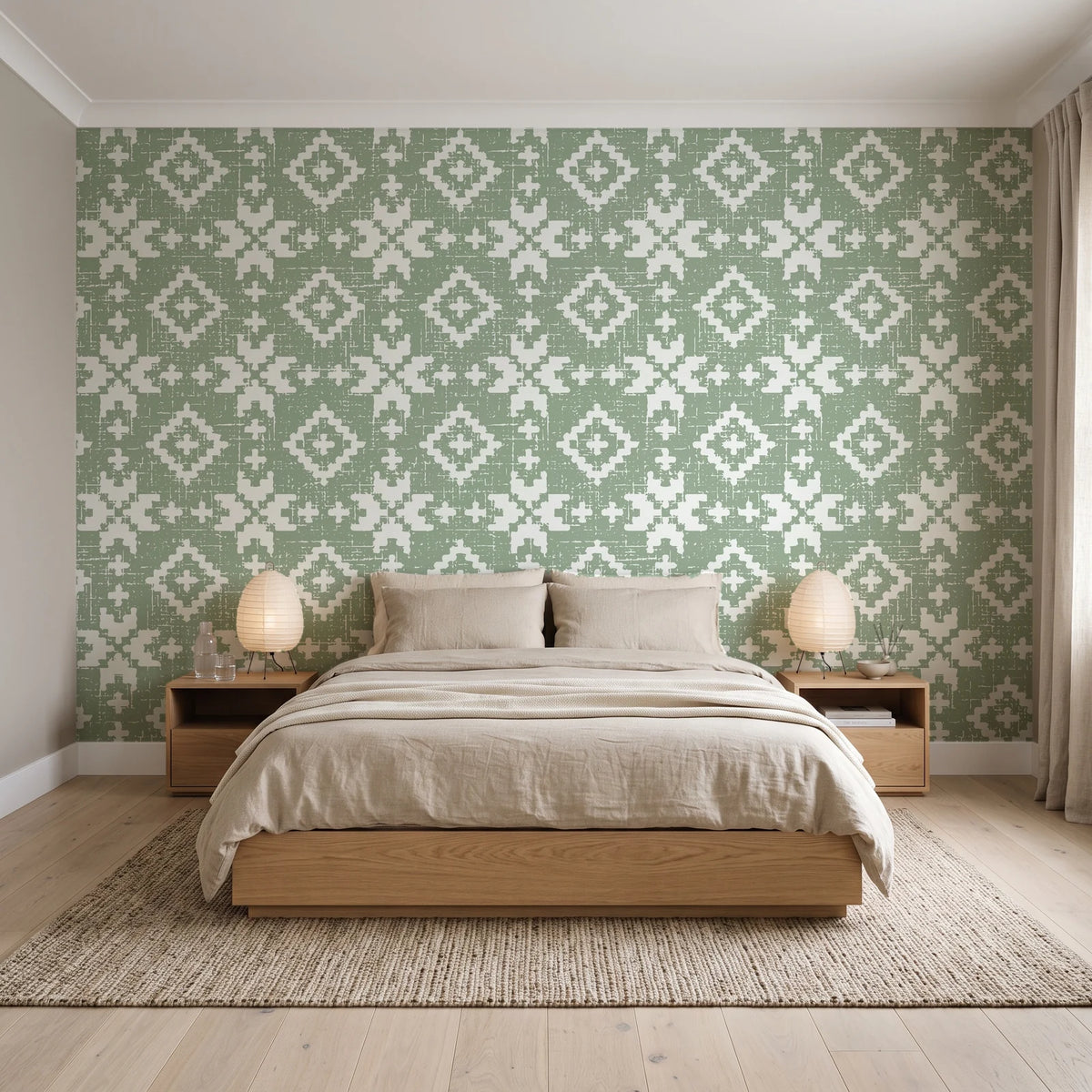 Pale Kilim Sage kilim wallpaper behind a low platform bed in a serene Japandi bedroom