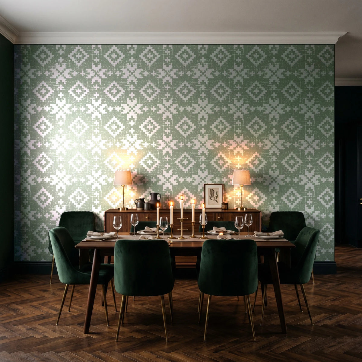 Pale Kilim Sage kilim wallpaper in a dark moody dining room with a candlelit table