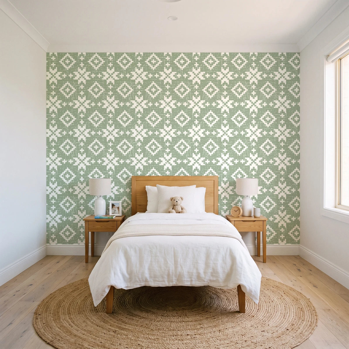 Pale Kilim Sage kilim wallpaper in a bright, cheerful child's bedroom