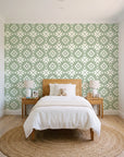 Pale Kilim Sage kilim wallpaper in a bright, cheerful child's bedroom