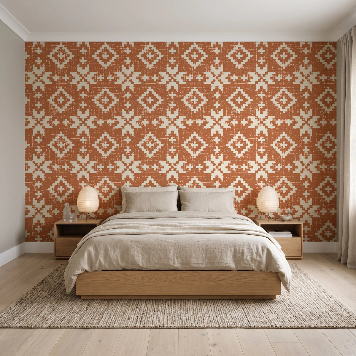 Pale Kilim Terracotta kilim wallpaper behind a low platform bed in a serene Japandi bedroom