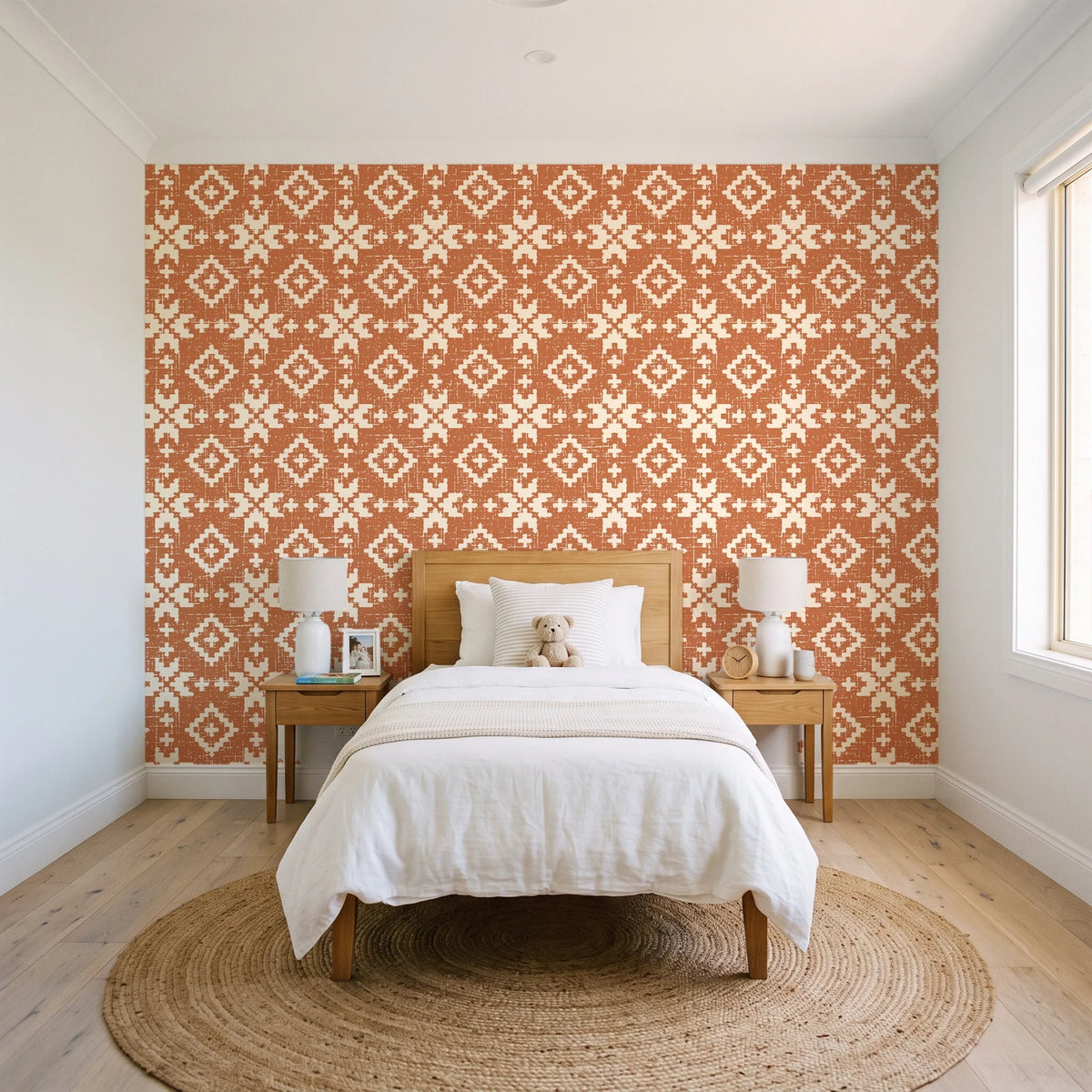 Pale Kilim Terracotta kilim wallpaper in a bright, cheerful child's bedroom
