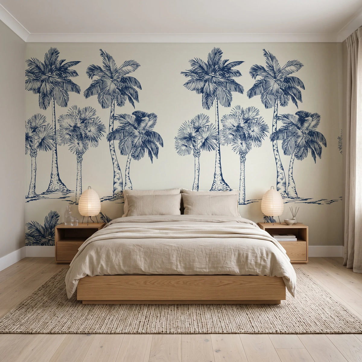 Palm Shade Navy palm grove wallpaper behind a low platform bed in a serene Japandi bedroom
