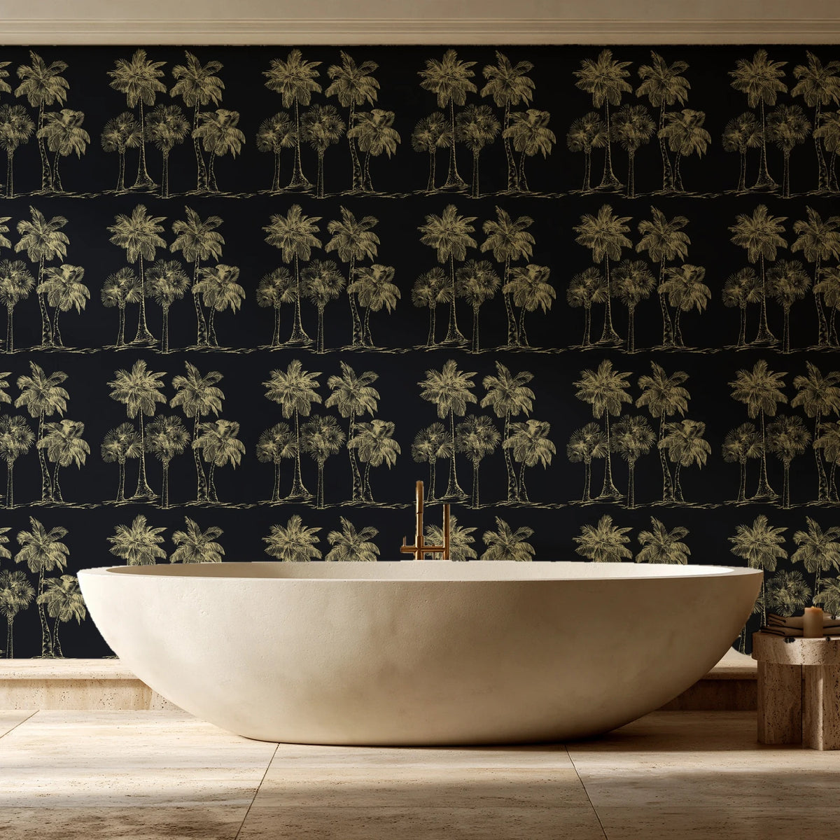 Palm Shade Onyx palm grove wallpaper creating ambiance in a serene spa bathroom