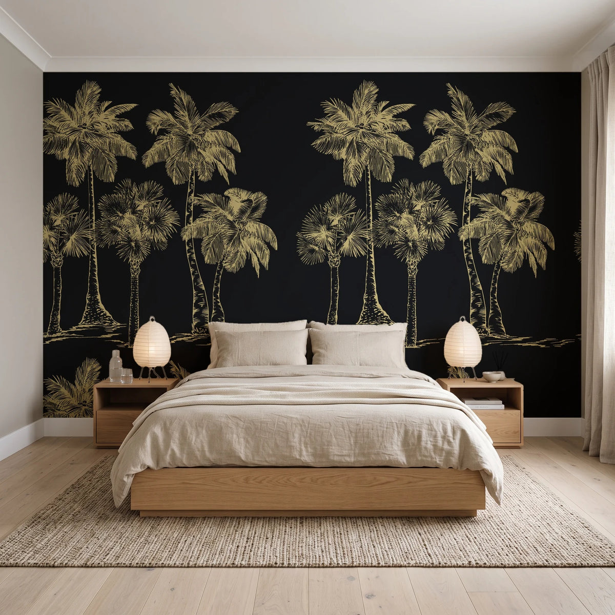 Palm Shade Onyx palm grove wallpaper behind a low platform bed in a serene Japandi bedroom