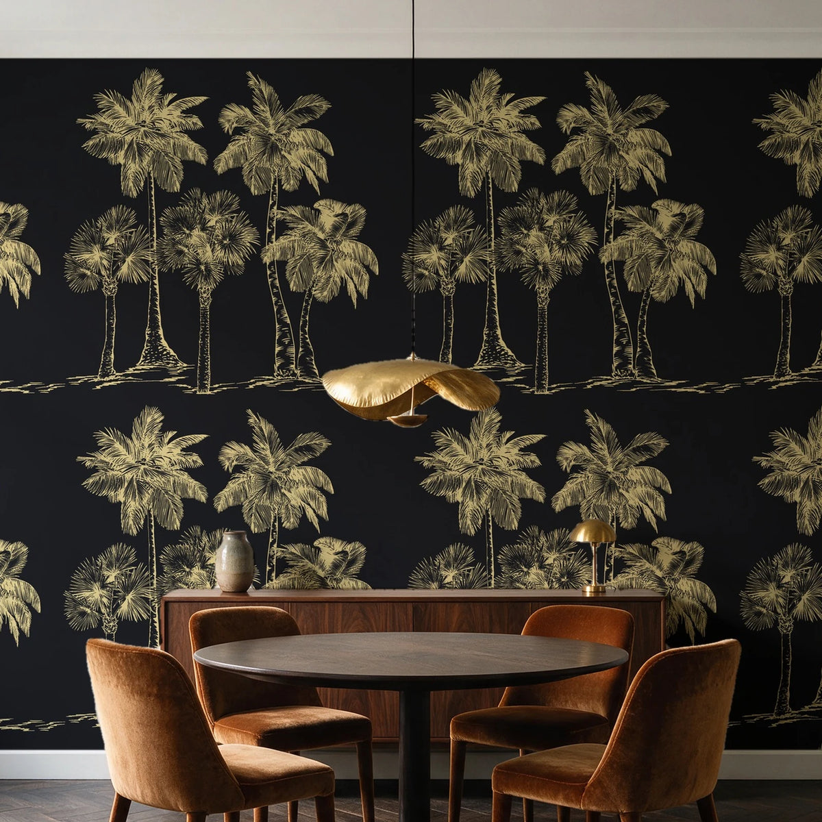 Palm Shade Onyx palm grove wallpaper behind a walnut credenza and round table in an elegant dining room