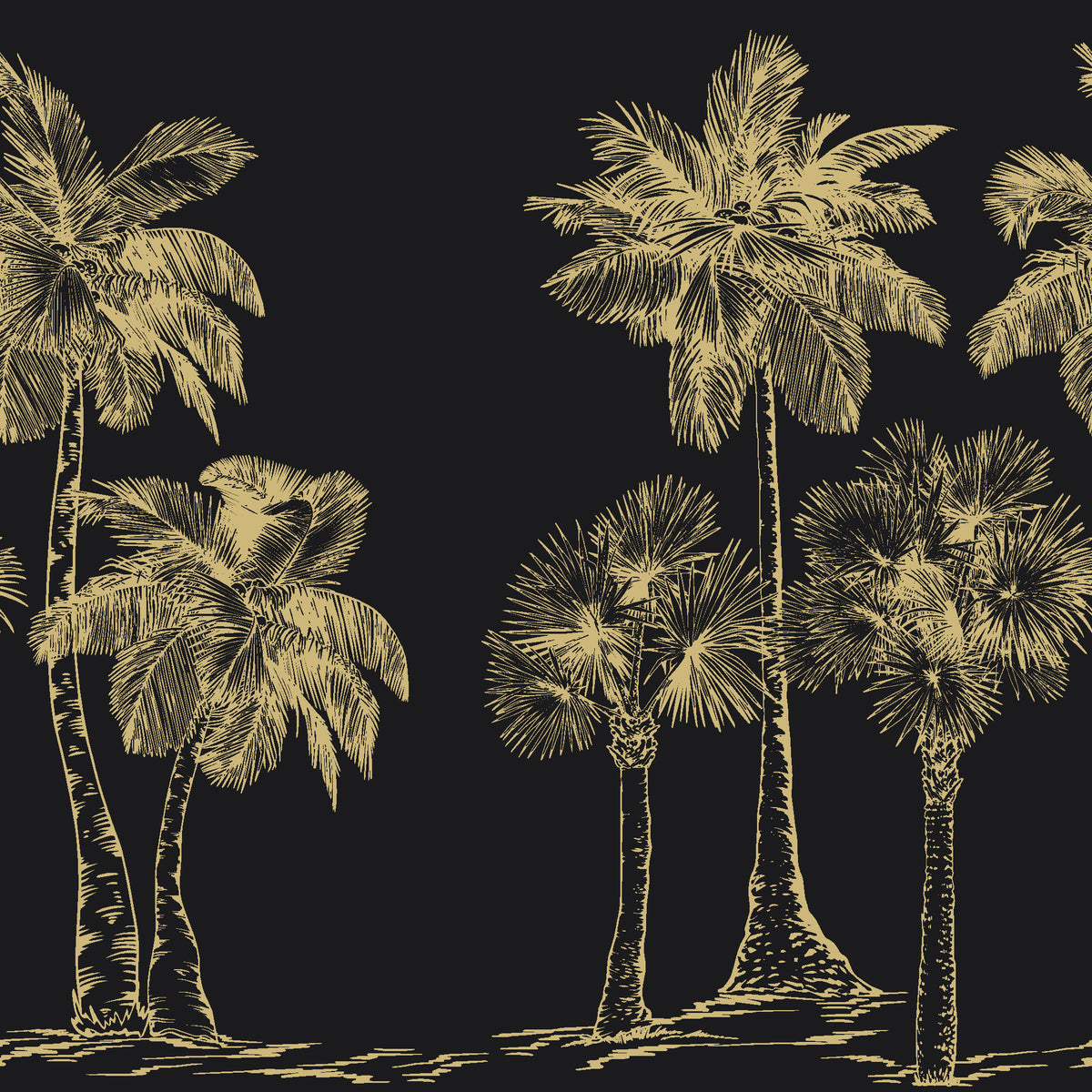 Palm Shade Onyx palm grove wallpaper in black and champagne