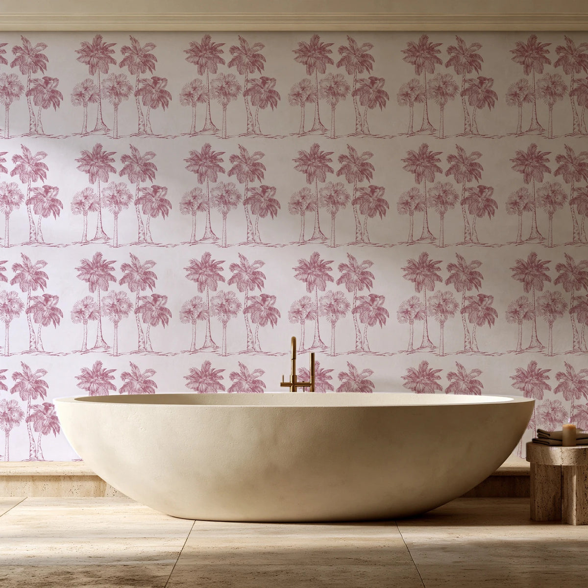 Palm Shade Rose palm grove wallpaper creating ambiance in a serene spa bathroom