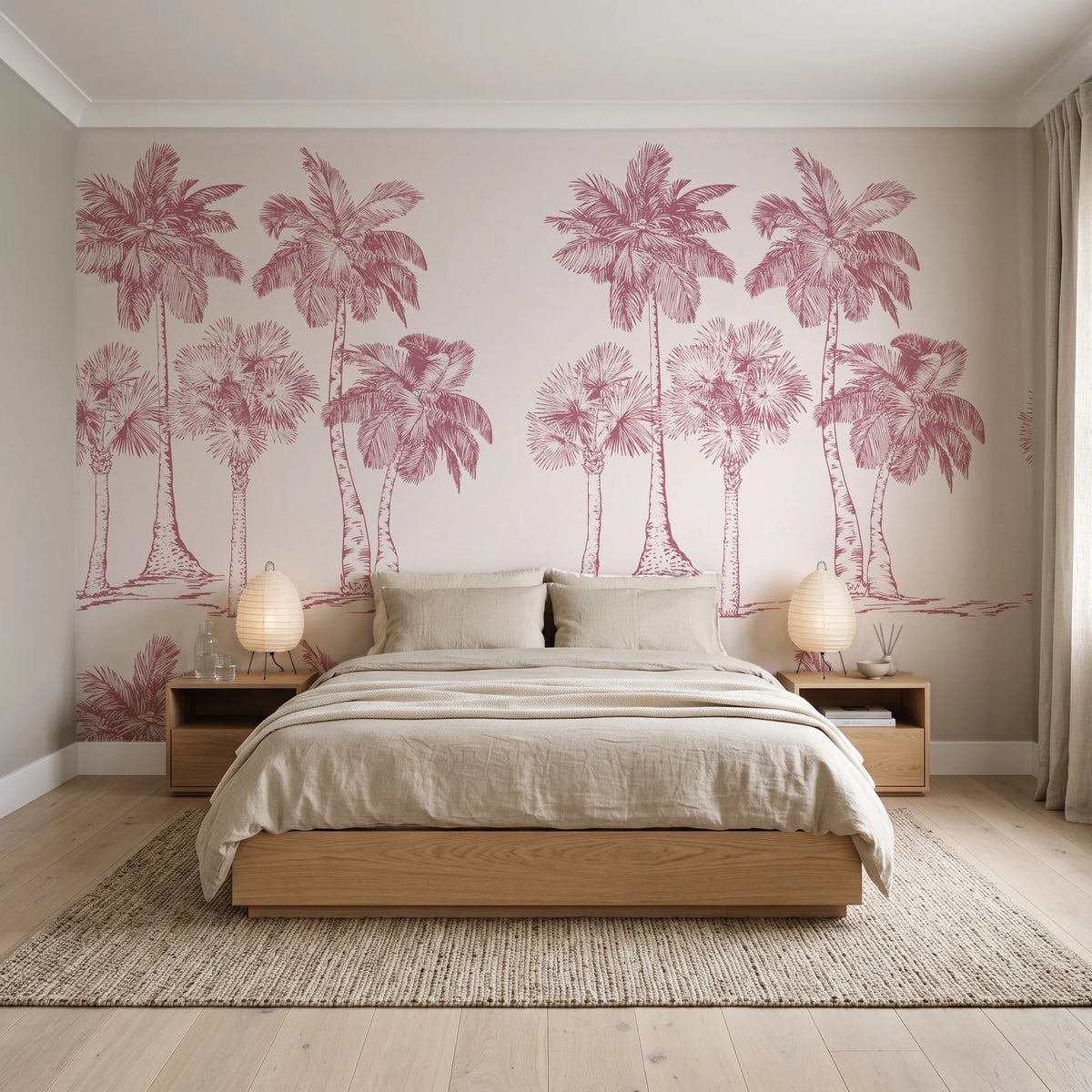 Palm Shade Rose palm grove wallpaper behind a low platform bed in a serene Japandi bedroom