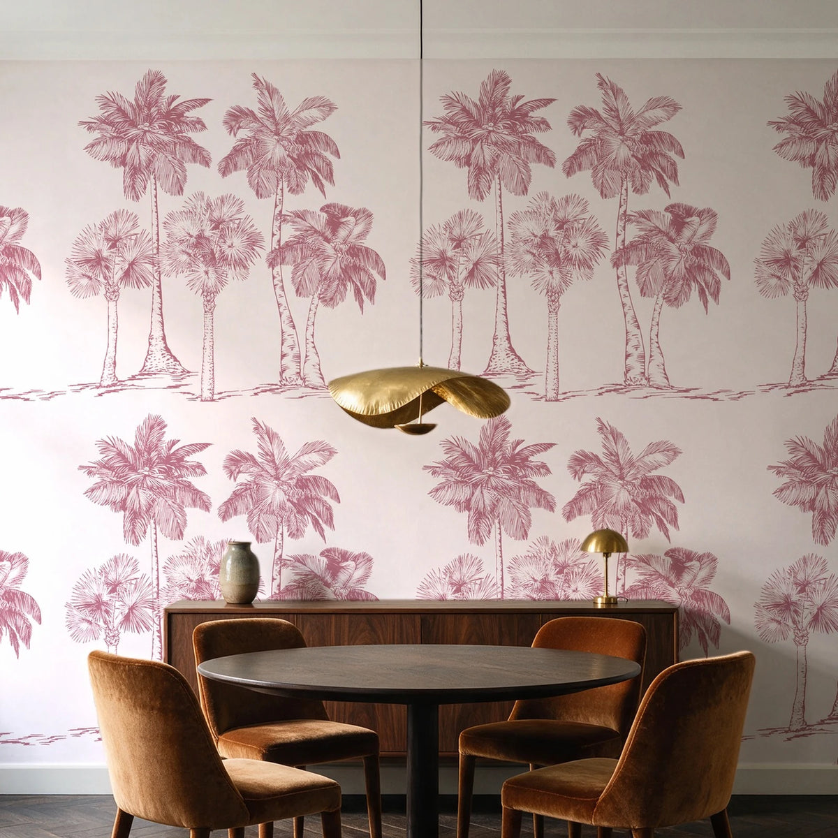 Palm Shade Rose palm grove wallpaper behind a walnut credenza and round table in an elegant dining room