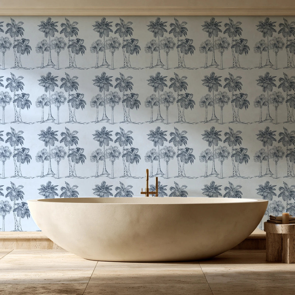 Palm Shade Slate palm grove wallpaper creating ambiance in a serene spa bathroom