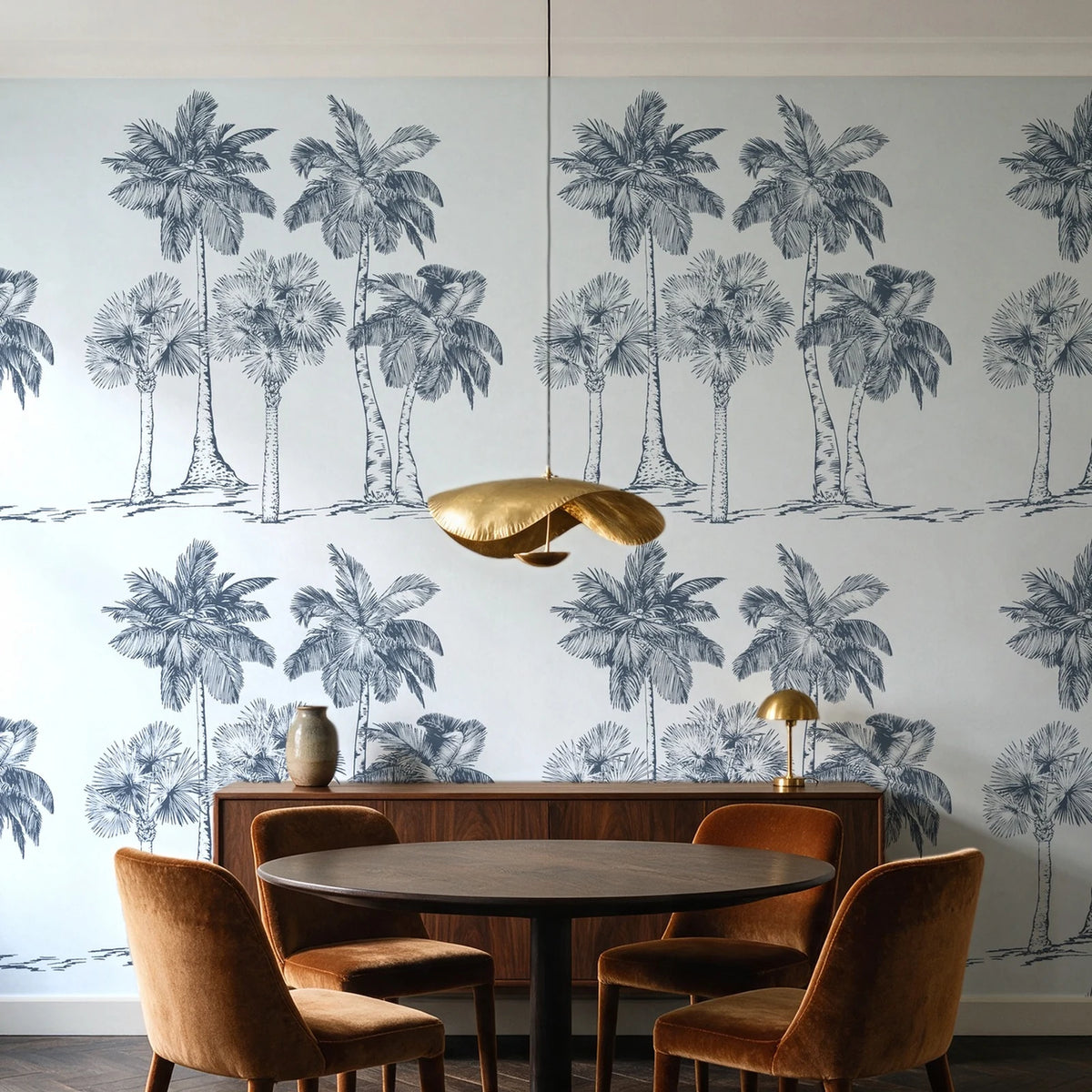 Palm Shade Slate palm grove wallpaper behind a walnut credenza and round table in an elegant dining room