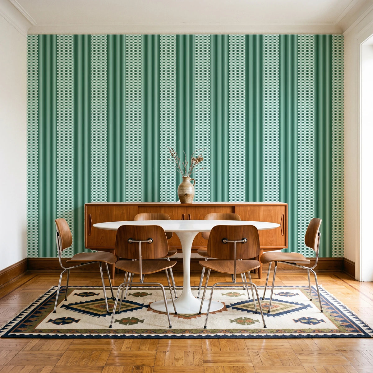 Parlor Stripe Emerald geometric stripe wallpaper in a mid-century dining room with a teak sideboard and tulip table