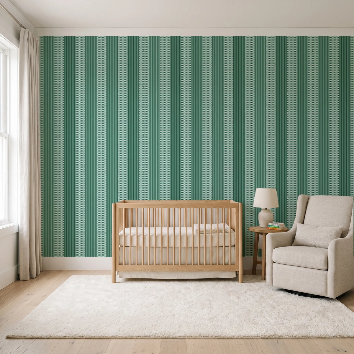 Parlor Stripe Emerald geometric stripe wallpaper in a calm, light-filled nursery