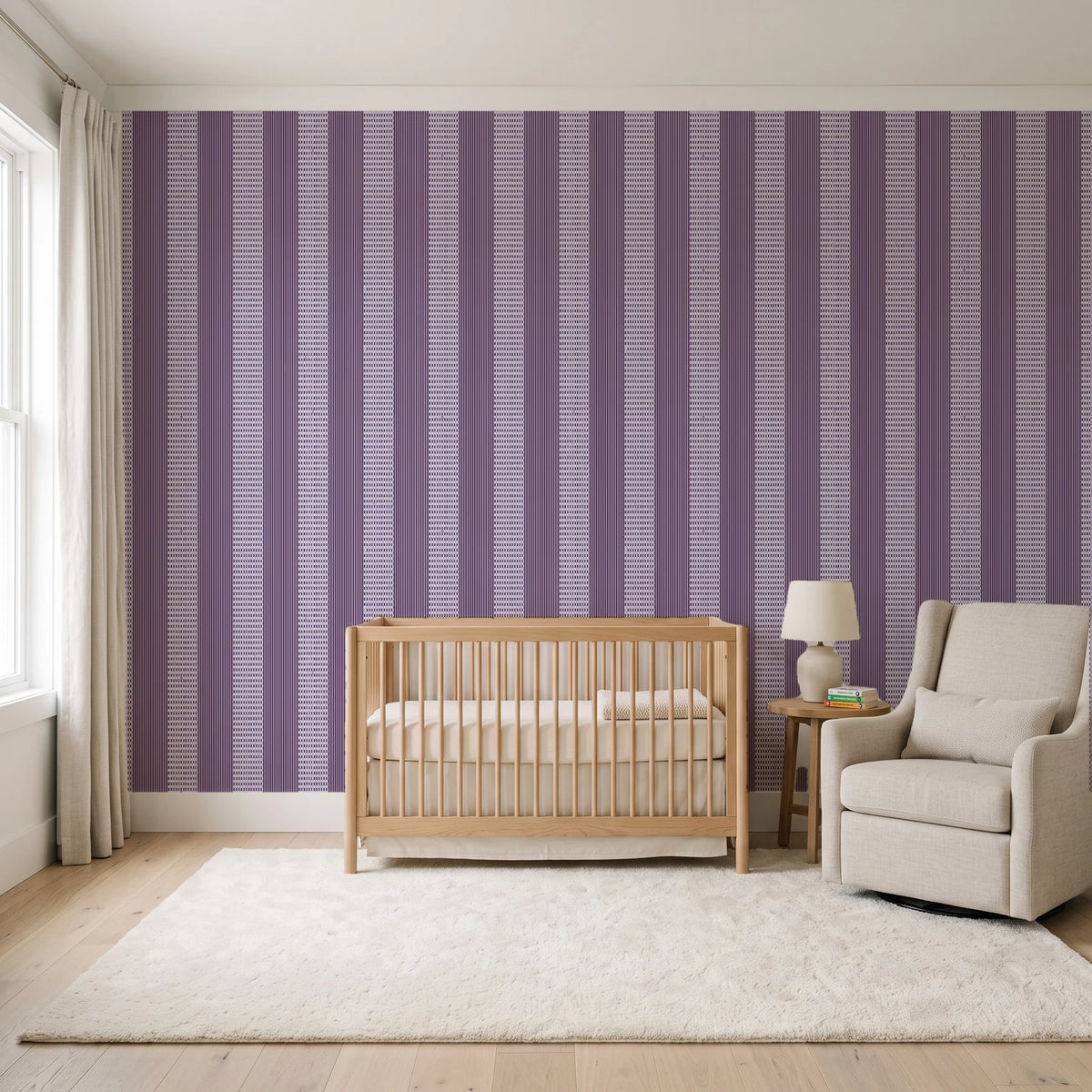 Parlor Stripe Plum geometric stripe wallpaper in a calm, light-filled nursery