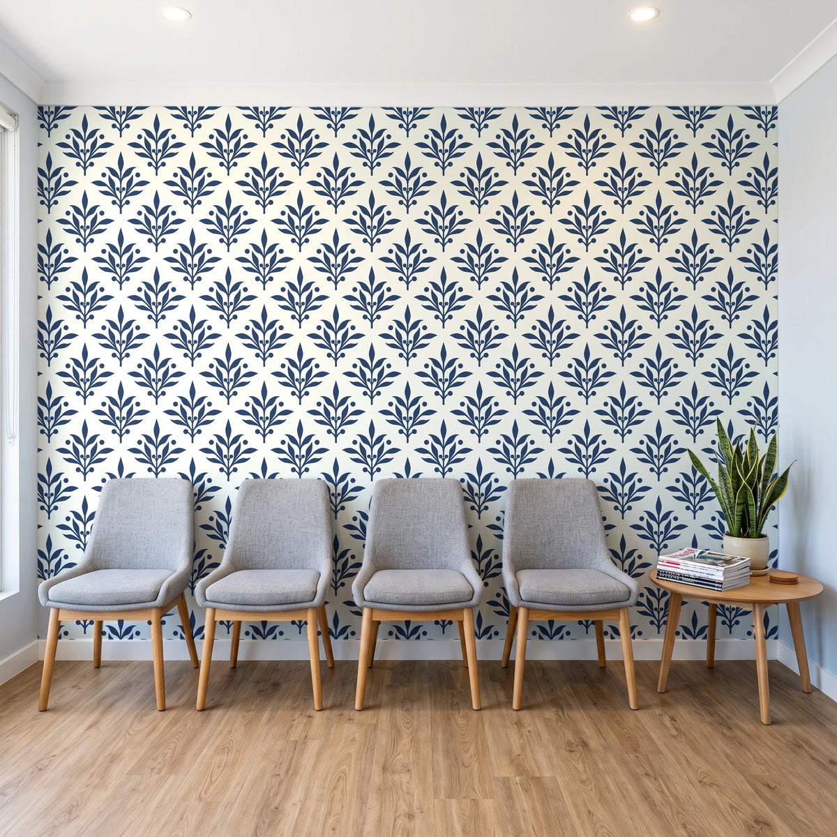 Pastel Bouquet Parade Navy botanical damask wallpaper behind a row of upholstered chairs in a bright clinic waiting room