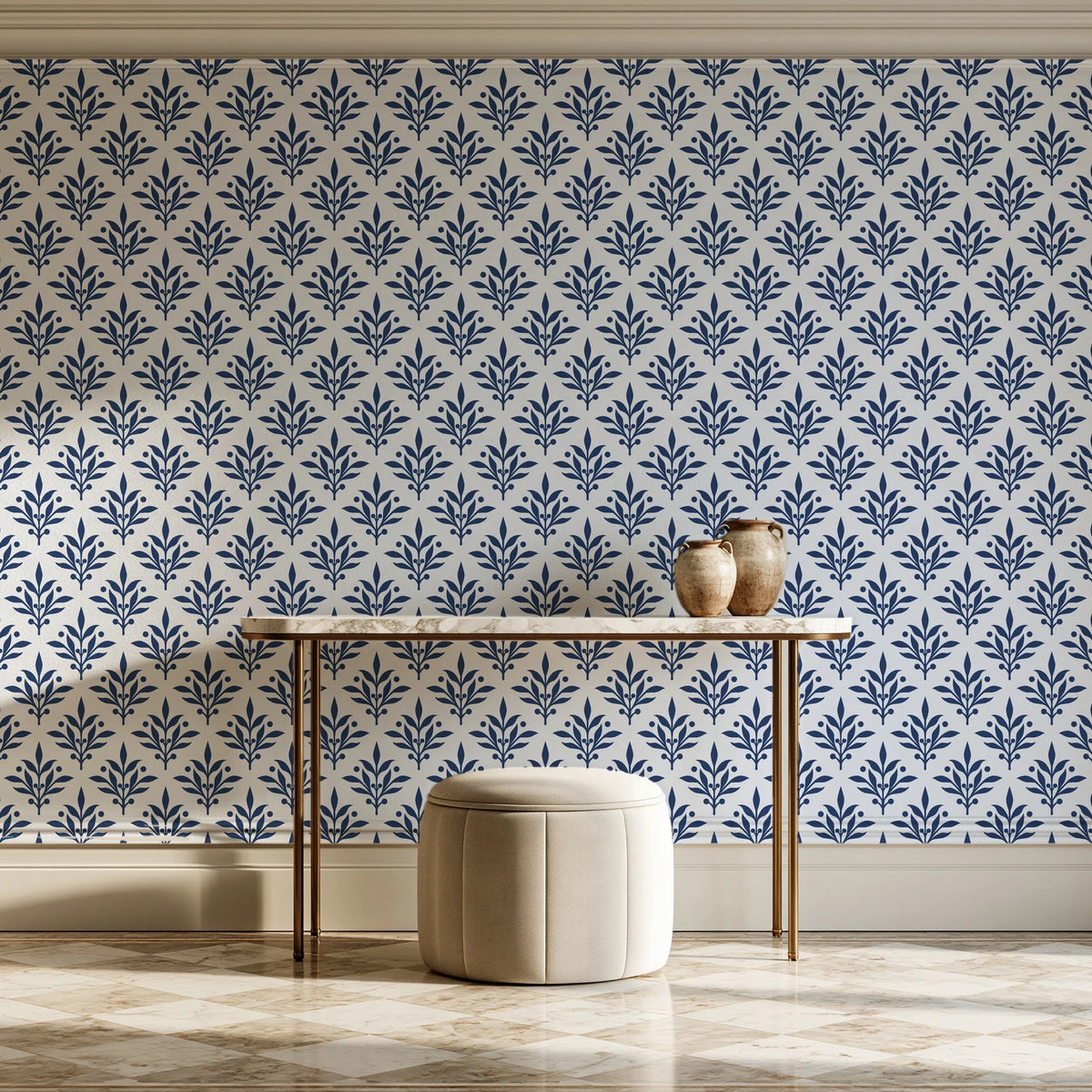 Pastel Bouquet Parade Navy botanical damask wallpaper on the wall of a grand entry foyer