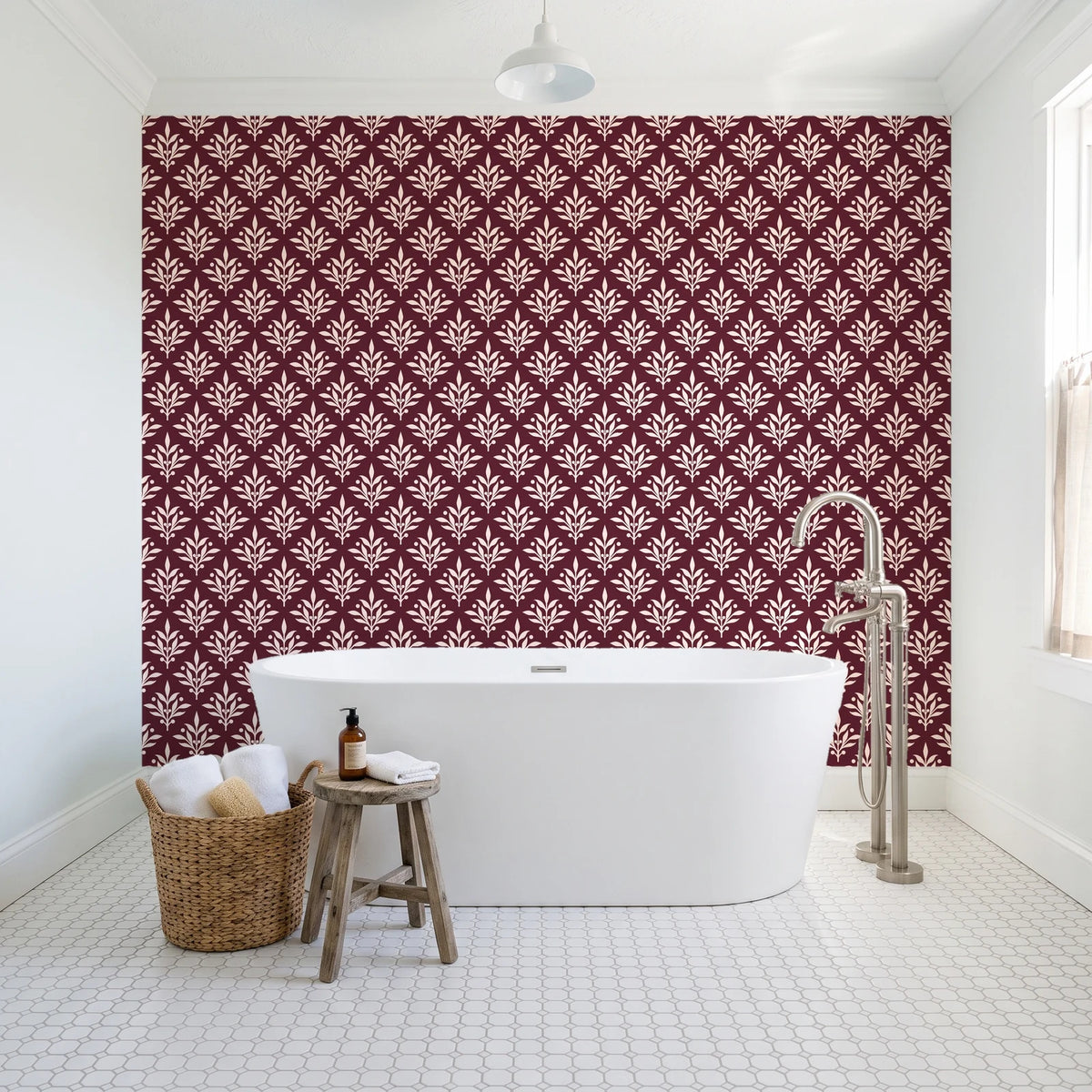 Pastel Bouquet Parade Oxblood botanical damask wallpaper behind a freestanding tub in a bright coastal bathroom
