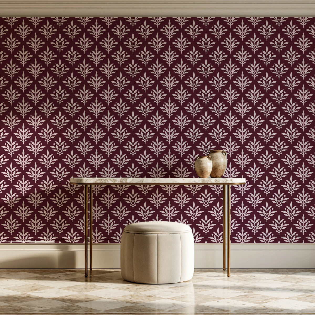 Pastel Bouquet Parade Oxblood botanical damask wallpaper on the wall of a grand entry foyer