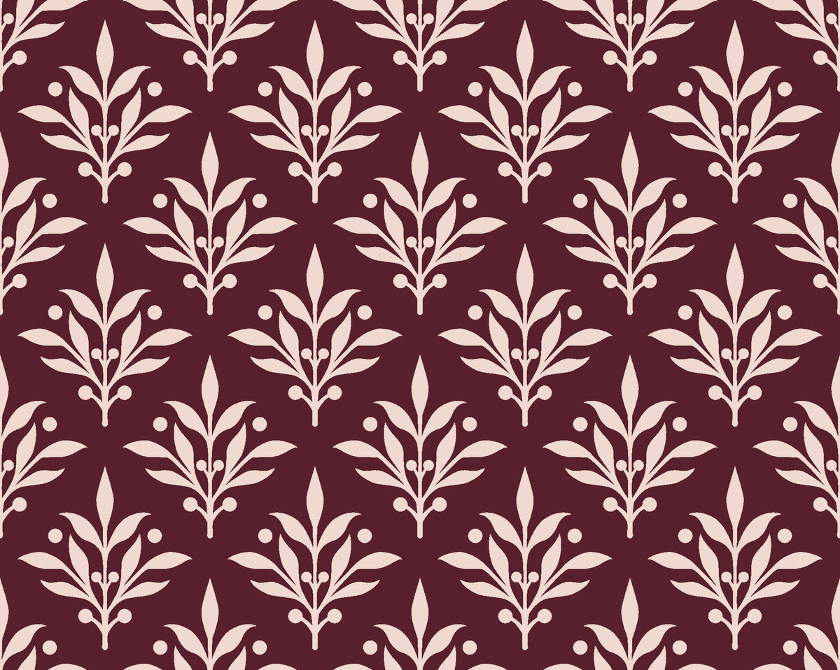 Pastel Bouquet Parade Oxblood botanical damask wallpaper in oxblood and blush