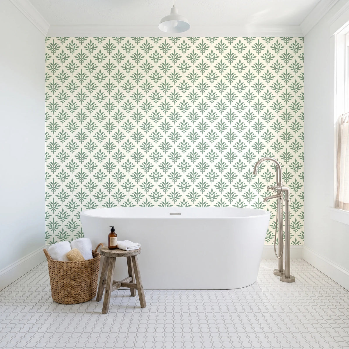Pastel Bouquet Parade Sage botanical damask wallpaper behind a freestanding tub in a bright coastal bathroom