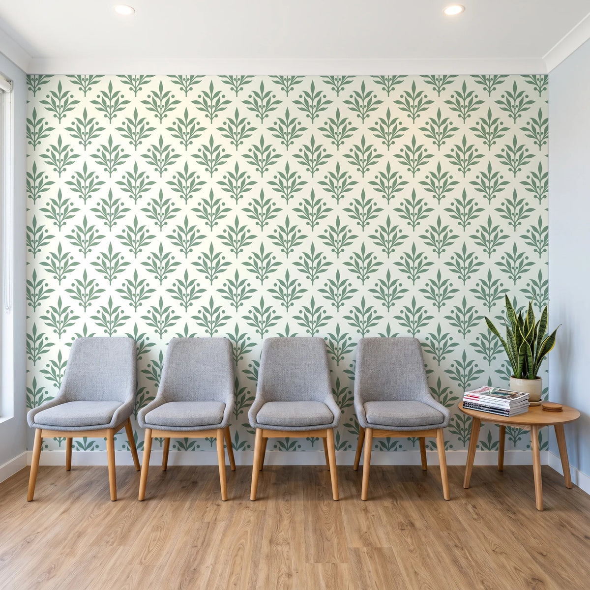 Pastel Bouquet Parade Sage botanical damask wallpaper behind a row of upholstered chairs in a bright clinic waiting room