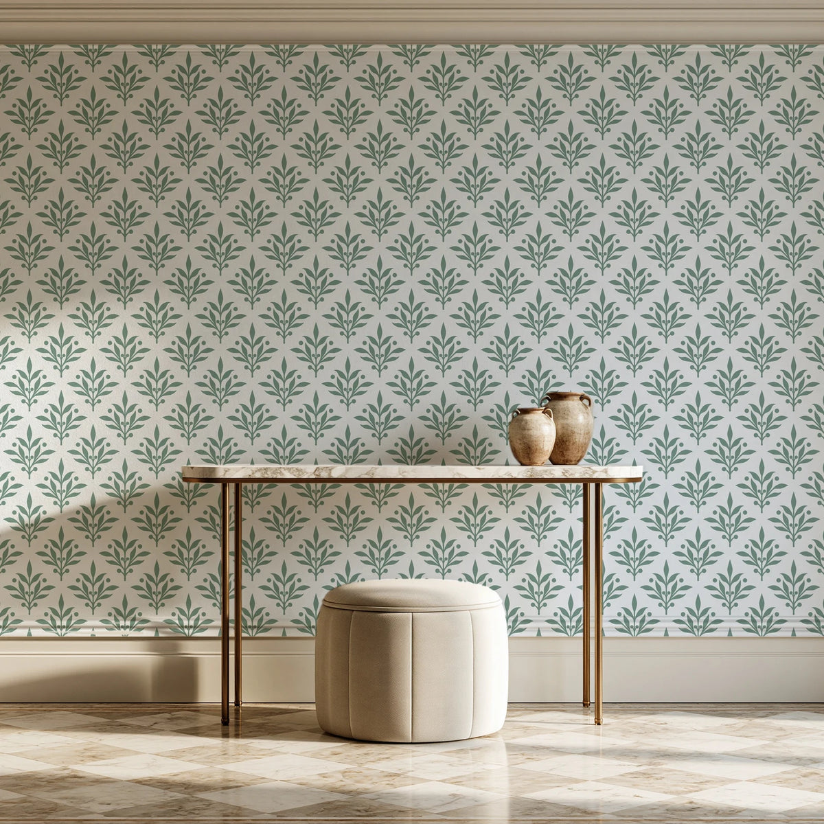 Pastel Bouquet Parade Sage botanical damask wallpaper on the wall of a grand entry foyer