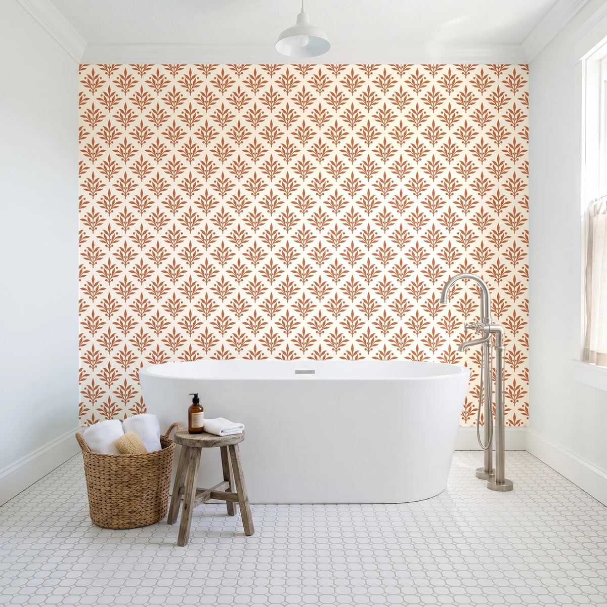 Pastel Bouquet Parade Terracotta botanical damask wallpaper behind a freestanding tub in a bright coastal bathroom