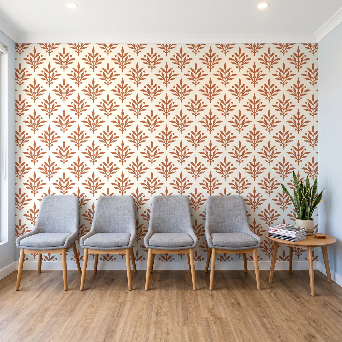 Pastel Bouquet Parade Terracotta botanical damask wallpaper behind a row of upholstered chairs in a bright clinic waiting room