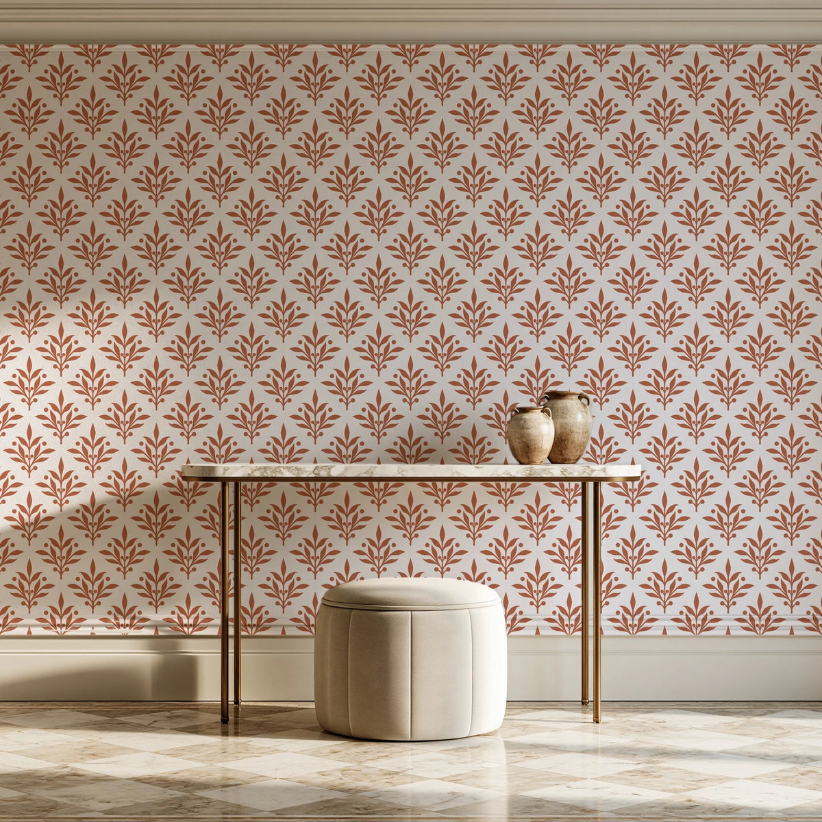 Pastel Bouquet Parade Terracotta botanical damask wallpaper on the wall of a grand entry foyer