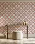 Pastel Bouquet Parade Terracotta botanical damask wallpaper on the wall of a grand entry foyer