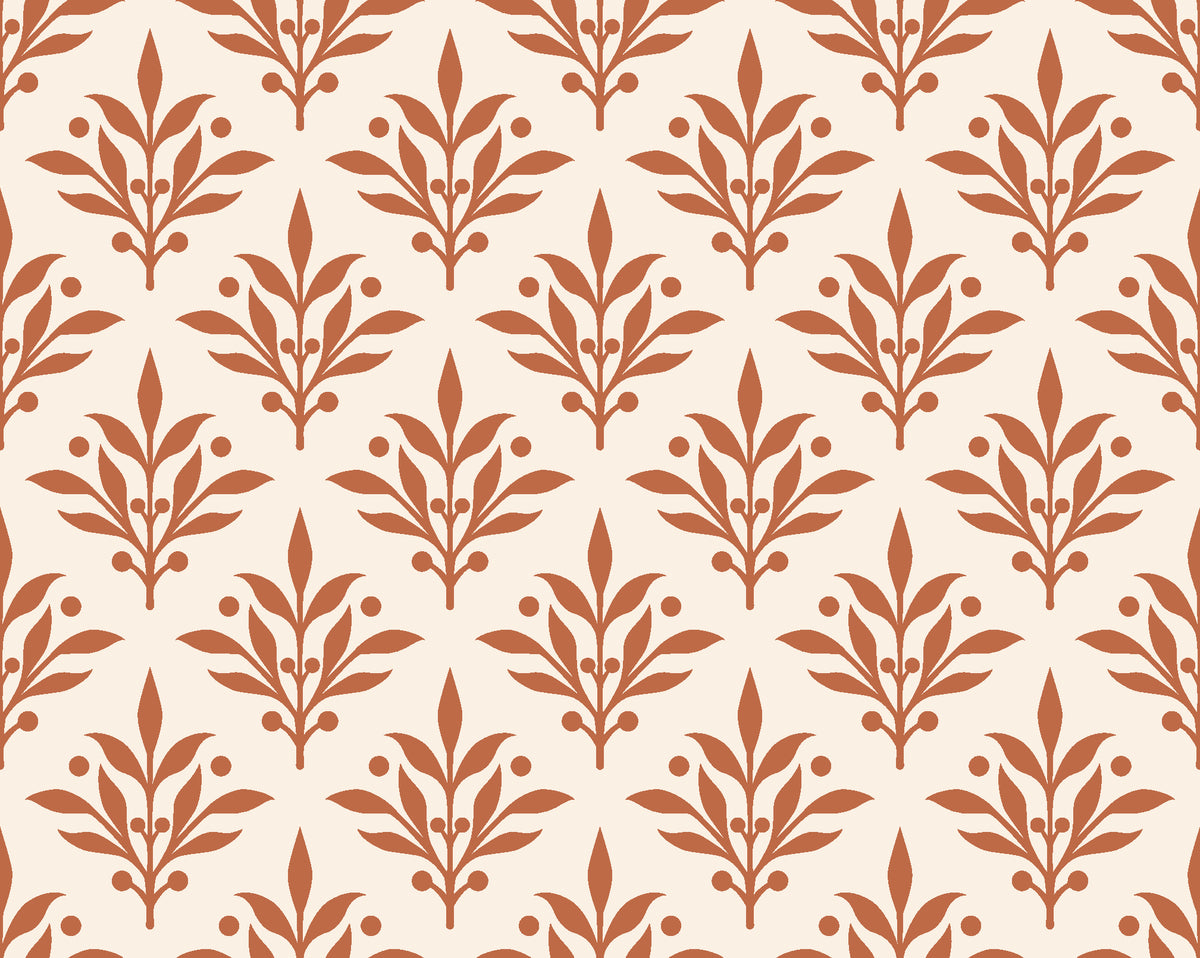 Pastel Bouquet Parade Terracotta botanical damask wallpaper in terracotta and sand