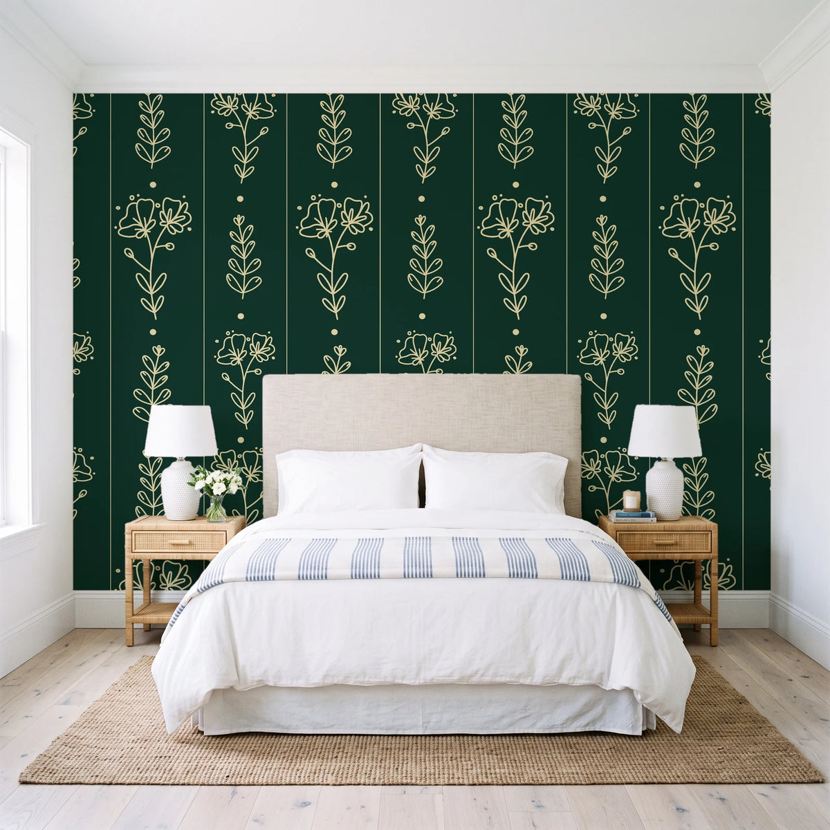 Petal & Thread Emerald botanical stem wallpaper behind a queen bed in a bright coastal bedroom