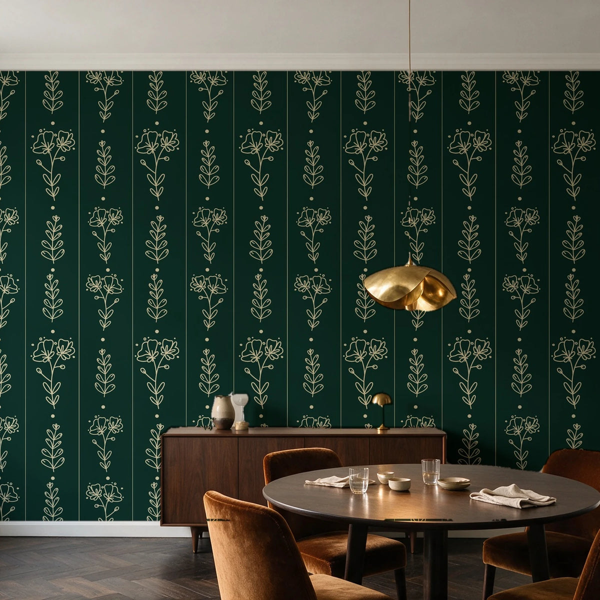 Petal & Thread Emerald botanical stem wallpaper in an elegant dining room