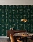 Petal & Thread Emerald botanical stem wallpaper in an elegant dining room