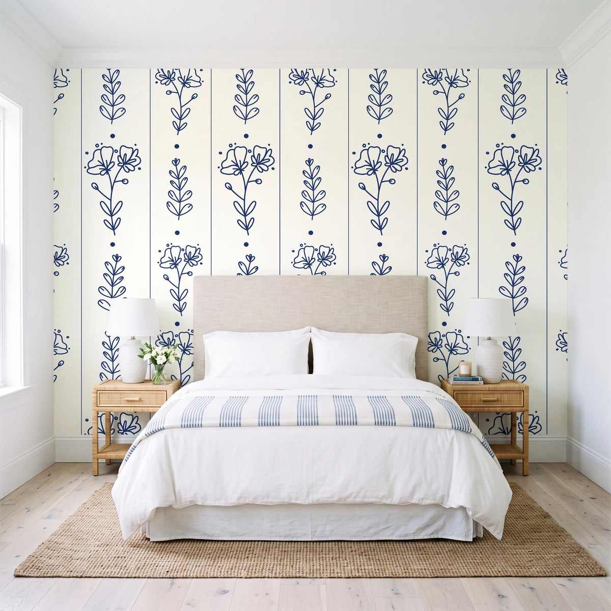 Petal & Thread Indigo botanical stem wallpaper behind a queen bed in a bright coastal bedroom