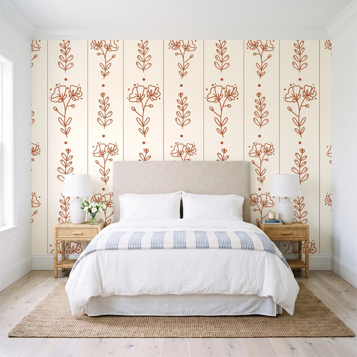 Petal & Thread Terracotta botanical stem wallpaper behind a queen bed in a bright coastal bedroom