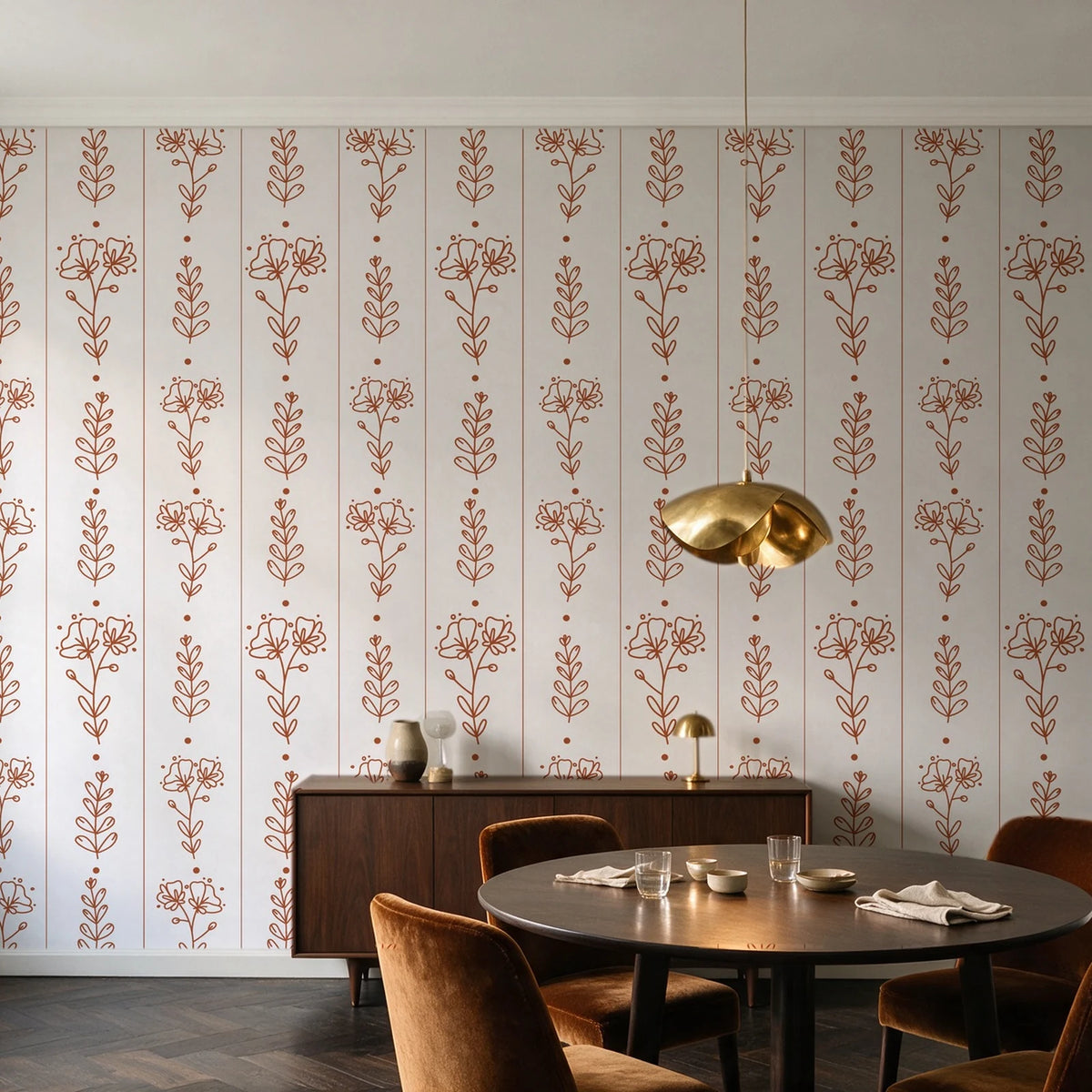 Petal & Thread Terracotta botanical stem wallpaper in an elegant dining room