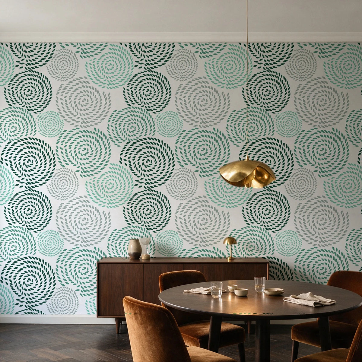 Petal Cascade Emerald spiral rosette wallpaper in an elegant dining room