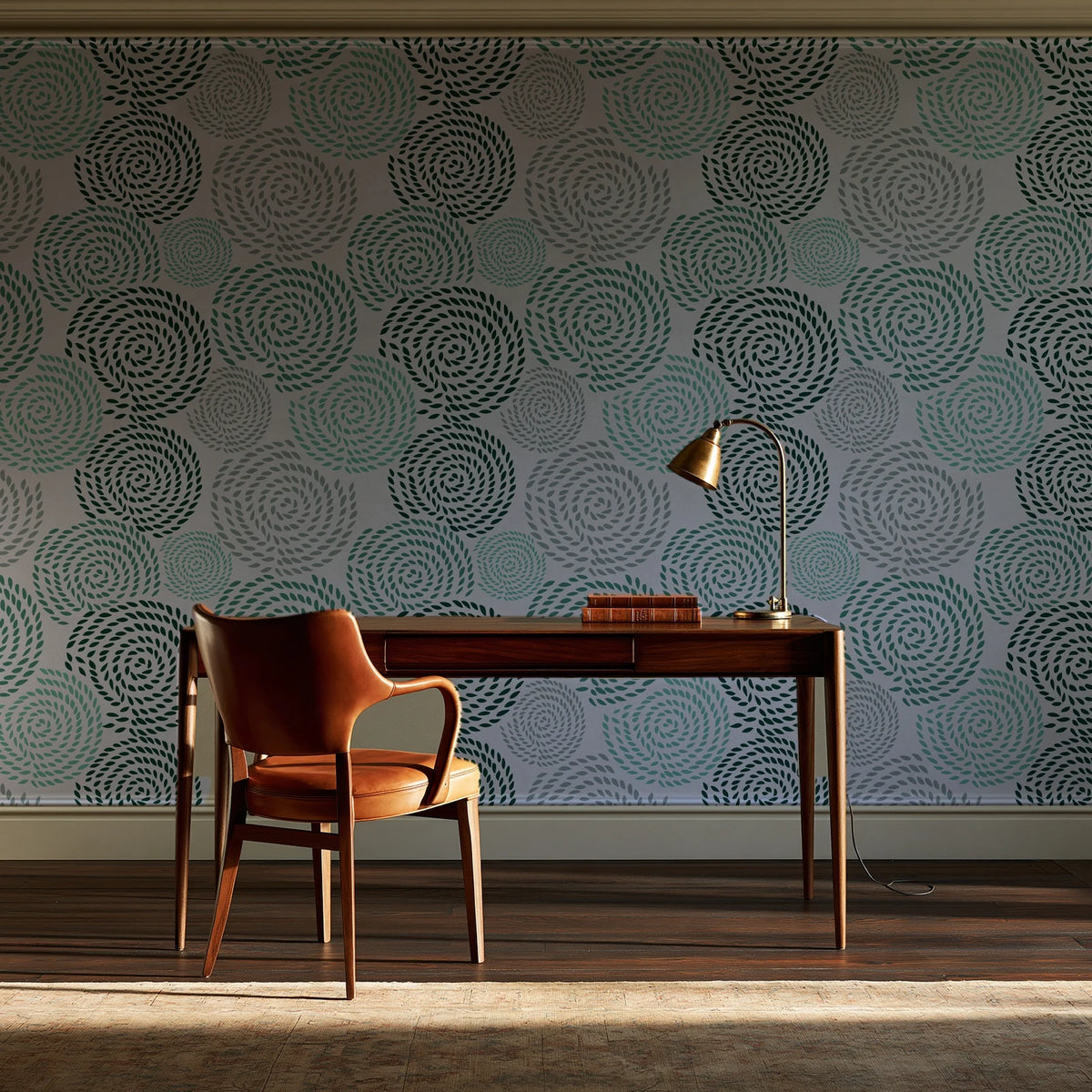 Petal Cascade Emerald spiral rosette wallpaper as a feature wall in a home study