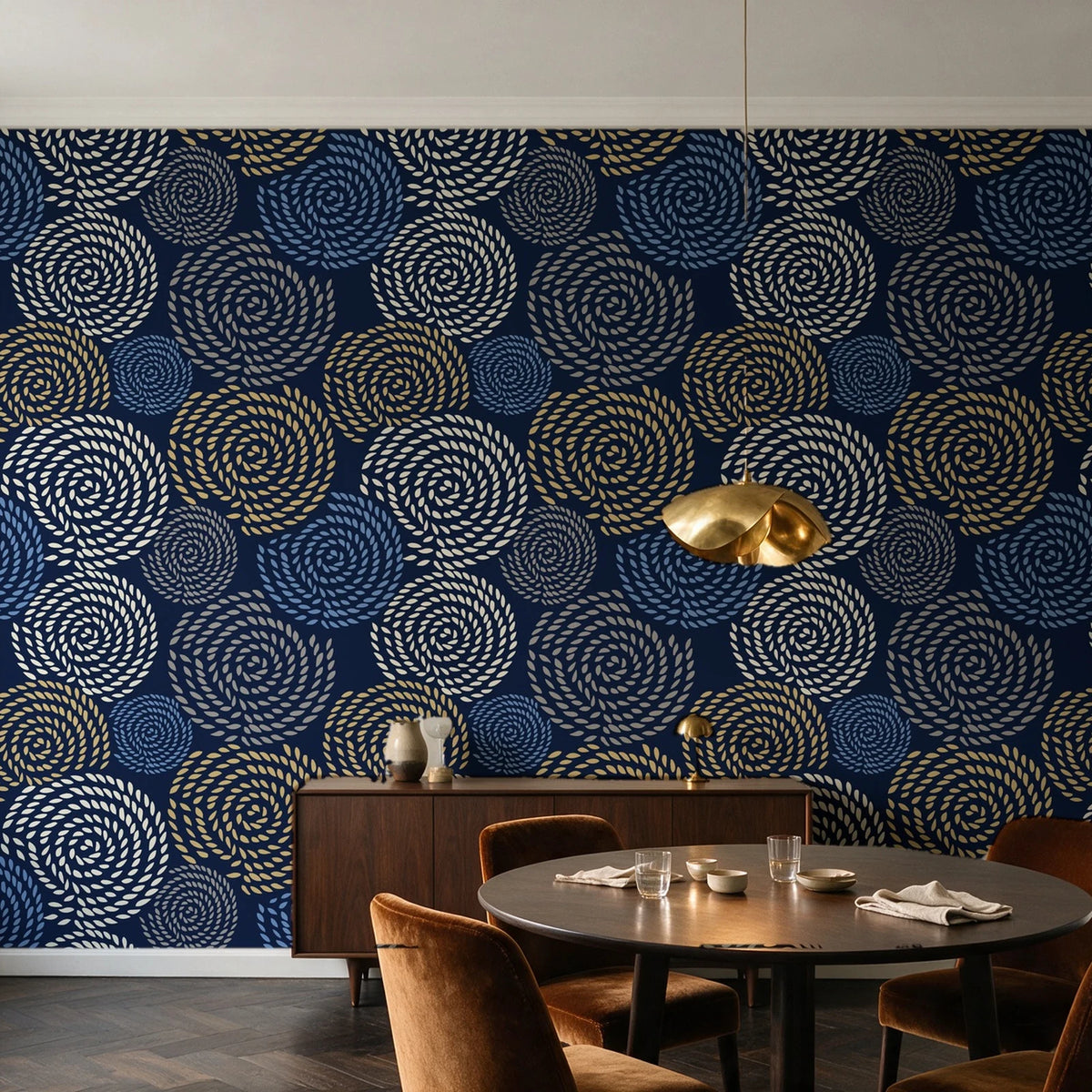 Petal Cascade Midnight spiral rosette wallpaper in an elegant dining room