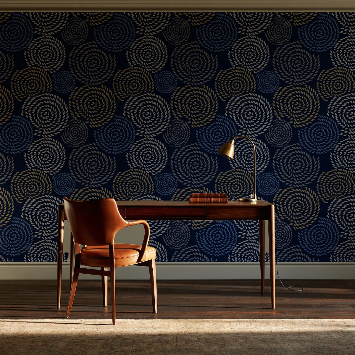 Petal Cascade Midnight spiral rosette wallpaper as a feature wall in a home study