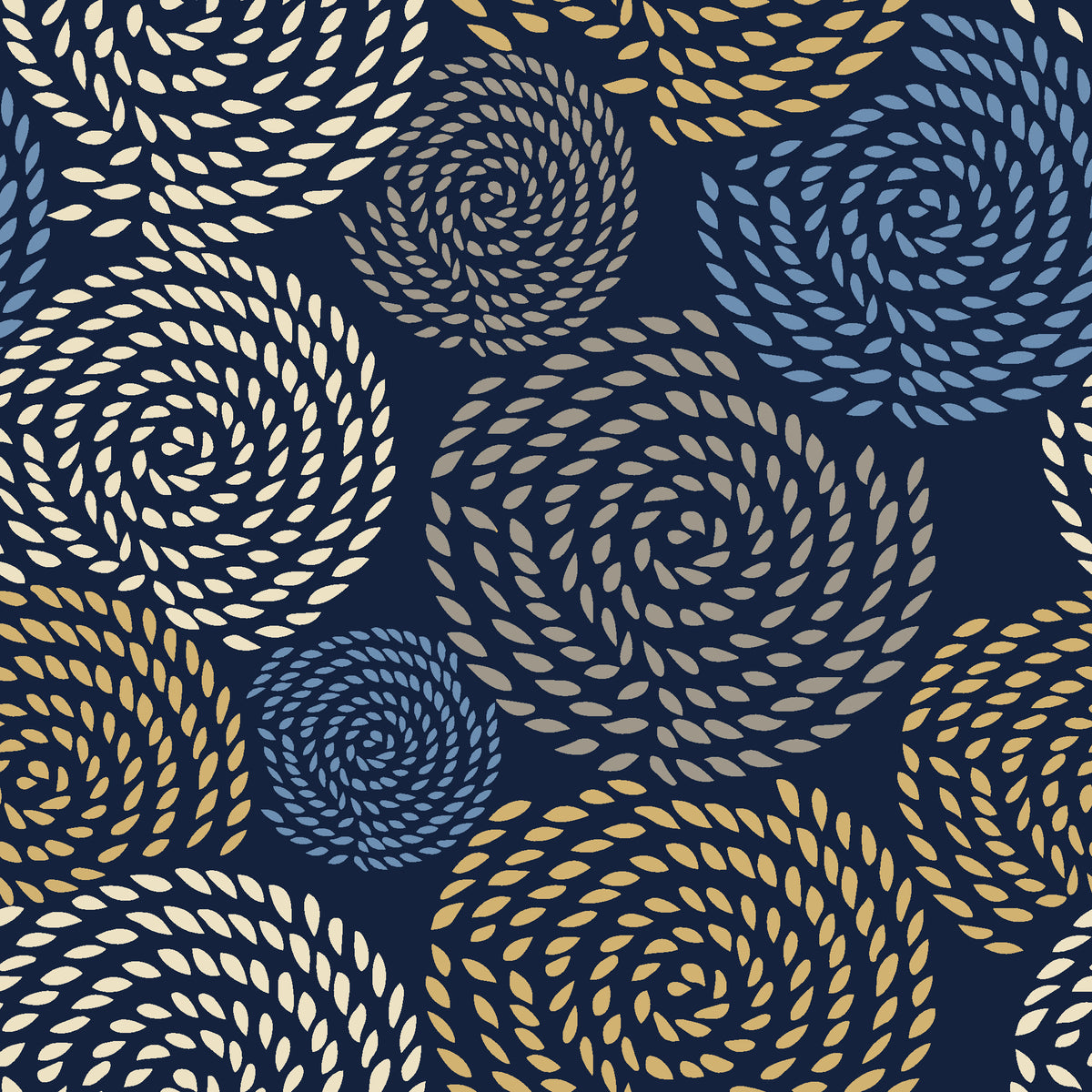 Petal Cascade Midnight spiral rosette wallpaper in midnight and champagne