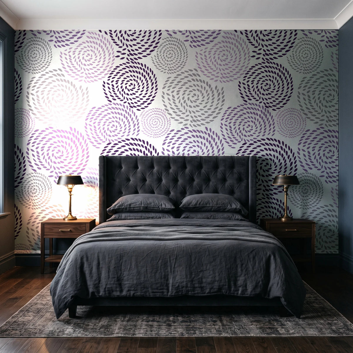 Petal Cascade Plum spiral rosette wallpaper behind a tufted headboard in a dark, moody bedroom